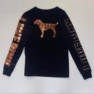 VS Pink “LOVE PINK” rose gold sequin long sleeve shirt